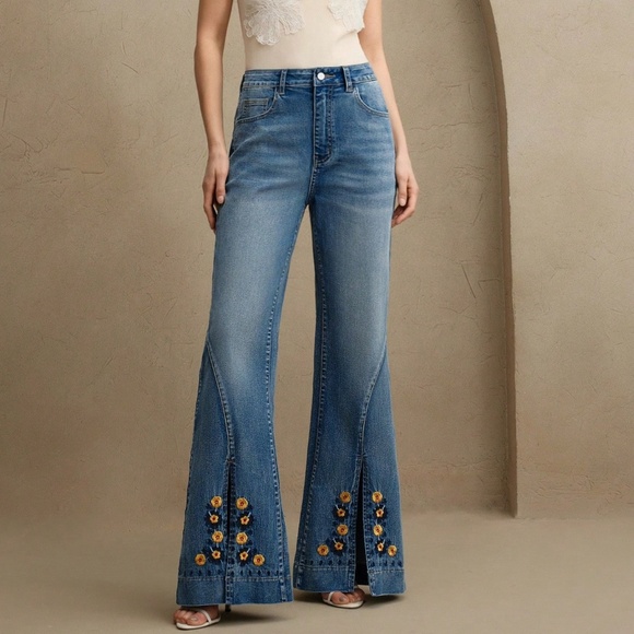 Boho Medium Wash High Waisted Floral Embroidered Split Hem Wide leg Jeans Pant - Picture 3 of 7